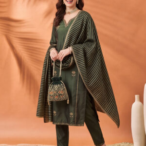 Women's Brown Embroidered Kurta Set with Striped Dupatta | Straight Ethnic Festive Wear Suit