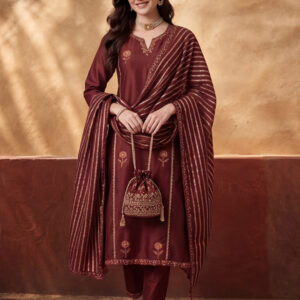 Women's Brown Embroidered Kurta Set with Striped Dupatta | Straight Ethnic Festive Wear Suit