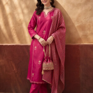 Women's Brown Embroidered Kurta Set with Striped Dupatta | Straight Ethnic Festive Wear Suit